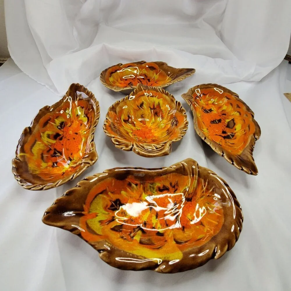 VTG California Originals Fall Leaf-Shaped Ceramic Serving Dish Set Orange Brown - Picture 8 of 9